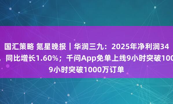 国汇策略 氪星晚报｜华润三九：2025年净利润34.22亿元，同比增长1.60%；千问App免单上线9小时突破1000万订单